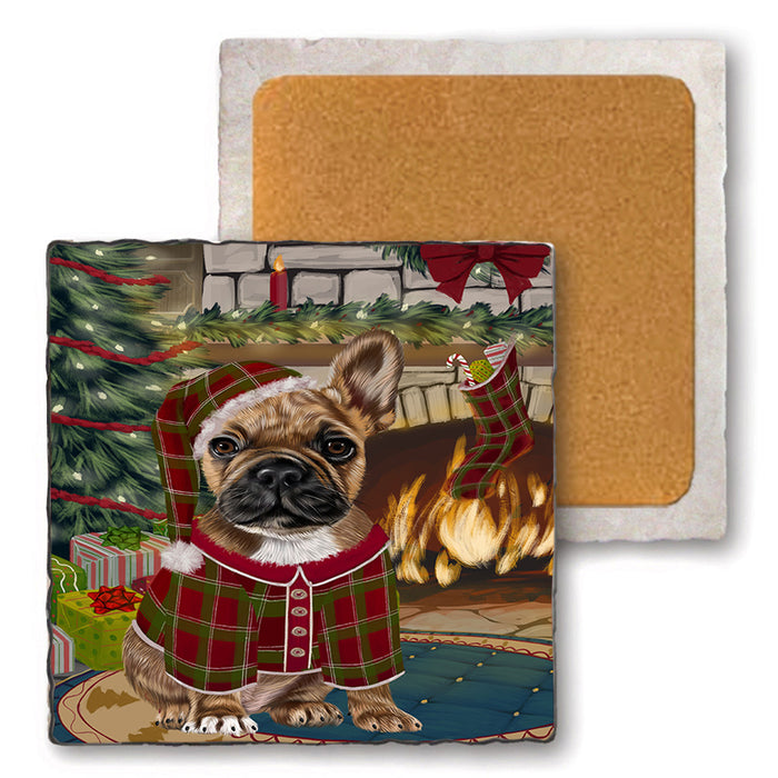 The Stocking was Hung French Bulldog Set of 4 Natural Stone Marble Tile Coasters MCST50304