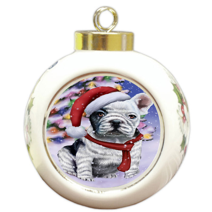 Winterland Wonderland French Bulldog In Christmas Holiday Scenic Background  Round Ball Christmas Ornament RBPOR53390