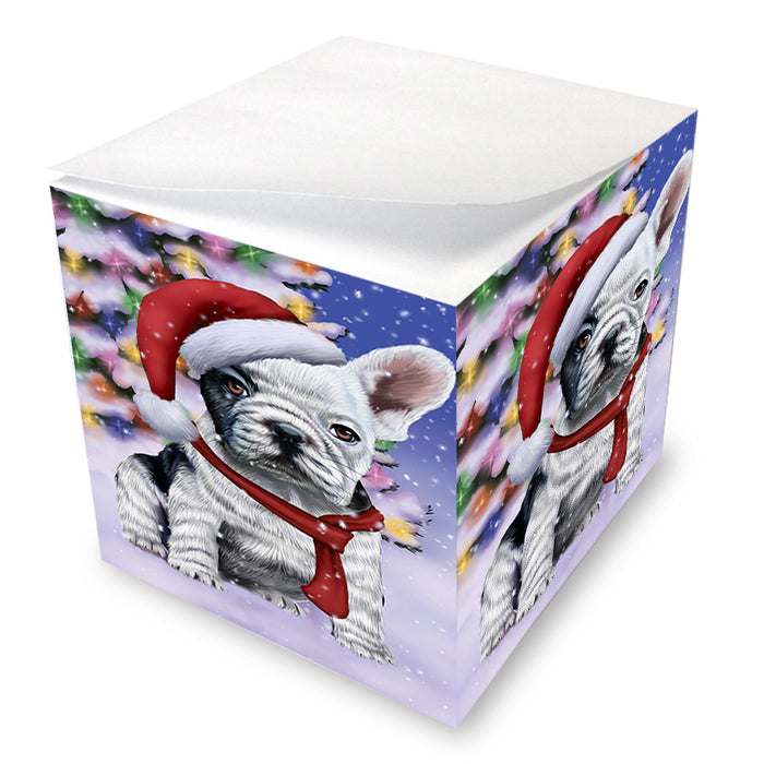 Winterland Wonderland French Bulldog In Christmas Holiday Scenic Background Note Cube NOC53390