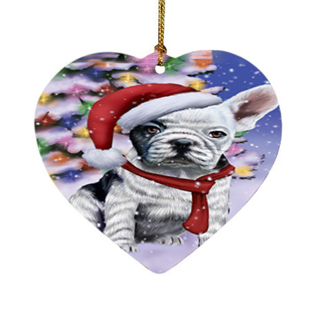 Winterland Wonderland French Bulldog In Christmas Holiday Scenic Background  Heart Christmas Ornament HPOR53390