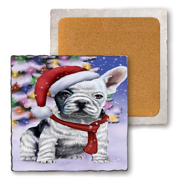 Winterland Wonderland French Bulldog In Christmas Holiday Scenic Background  Set of 4 Natural Stone Marble Tile Coasters MCST48390
