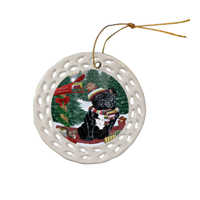 Merry Christmas Woodland Sled French Bulldog Ceramic Doily Ornament DPOR55283