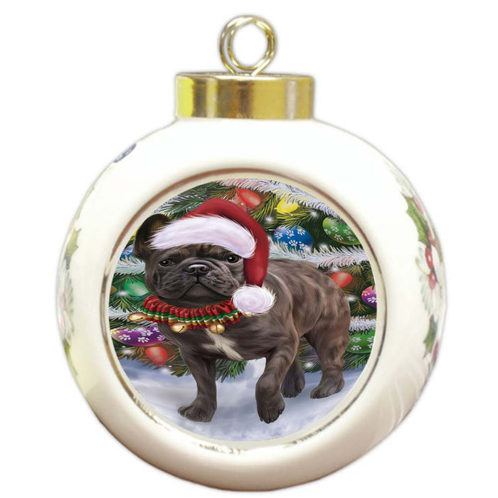 Trotting in the Snow French Bulldog Round Ball Christmas Ornament RBPOR55796