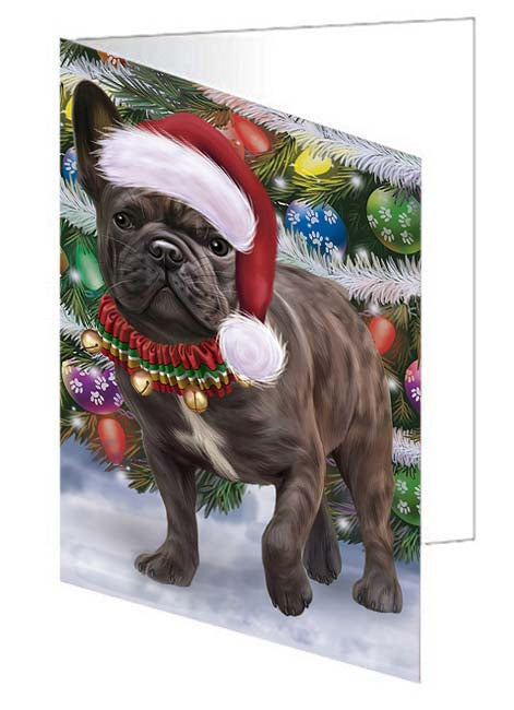 Trotting in the Snow French Bulldog Handmade Artwork Assorted Pets Greeting Cards and Note Cards with Envelopes for All Occasions and Holiday Seasons GCD70835
