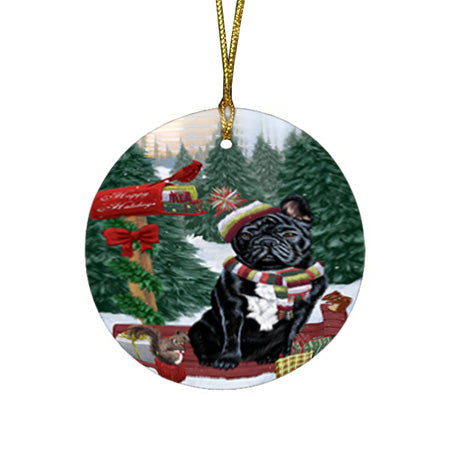Merry Christmas Woodland Sled French Bulldog Round Flat Christmas Ornament RFPOR55283