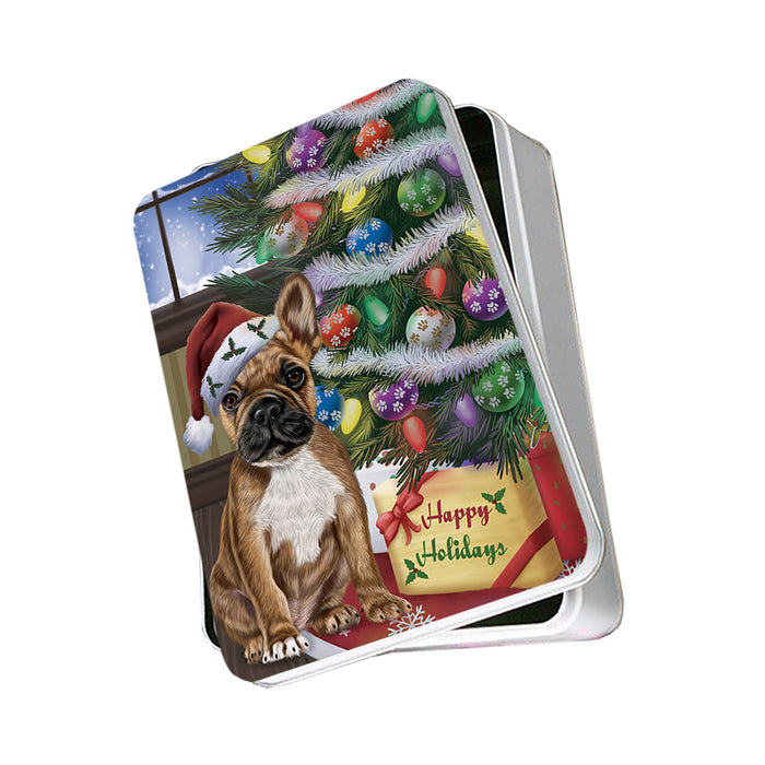 Christmas Happy Holidays French Bulldog with Tree and Presents Photo Storage Tin PITN53772