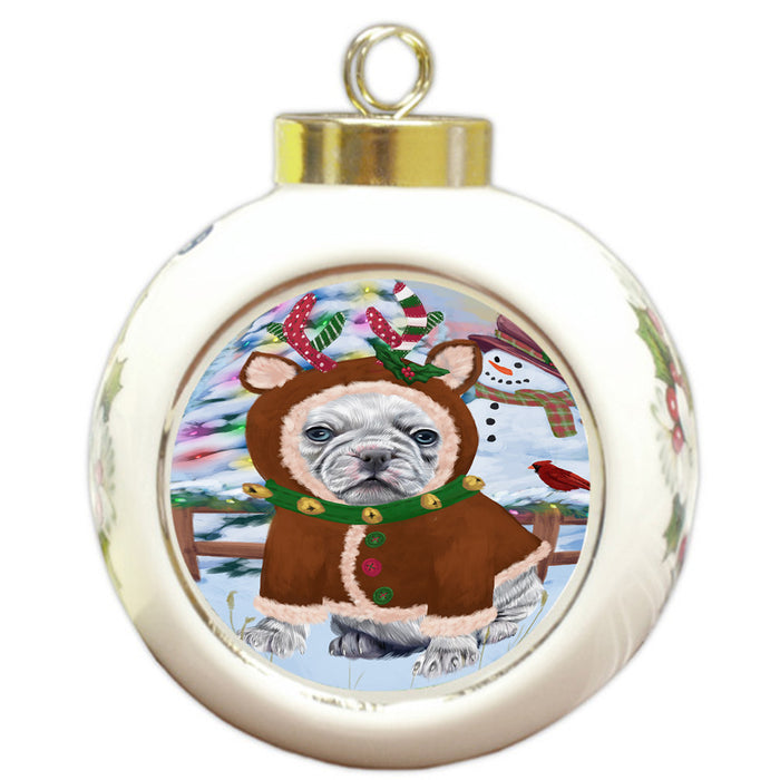 Christmas Gingerbread House Candyfest French Bulldog Round Ball Christmas Ornament RBPOR56687