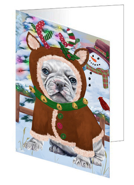Christmas Gingerbread House Candyfest French Bulldog Handmade Artwork Assorted Pets Greeting Cards and Note Cards with Envelopes for All Occasions and Holiday Seasons GCD73508