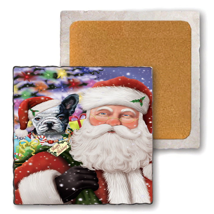 Santa Carrying French Bulldog and Christmas Presents Set of 4 Natural Stone Marble Tile Coasters MCST48988