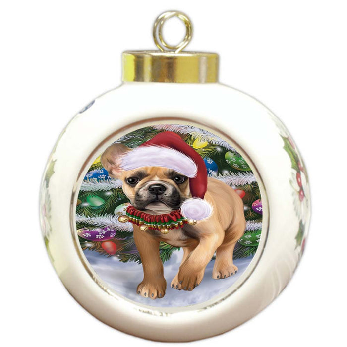 Trotting in the Snow French Bulldog Round Ball Christmas Ornament RBPOR55797