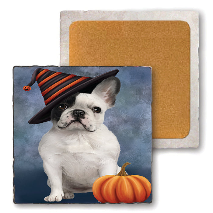 Happy Halloween French Bulldog Wearing Witch Hat with Pumpkin Set of 4 Natural Stone Marble Tile Coasters MCST49949