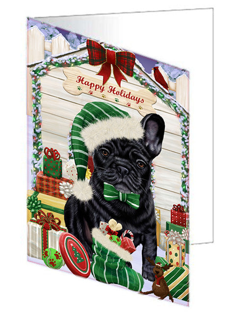 Happy Holidays Christmas French Bulldog House with Presents Handmade Artwork Assorted Pets Greeting Cards and Note Cards with Envelopes for All Occasions and Holiday Seasons GCD58268