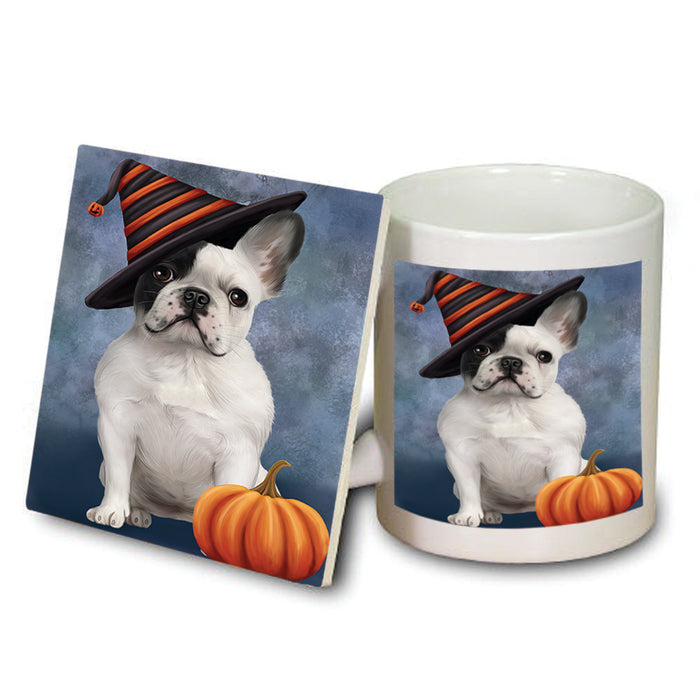 Happy Halloween French Bulldog Wearing Witch Hat with Pumpkin Mug and Coaster Set MUC54941