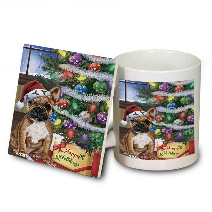 Christmas Happy Holidays French Bulldog with Tree and Presents Mug and Coaster Set MUC53821