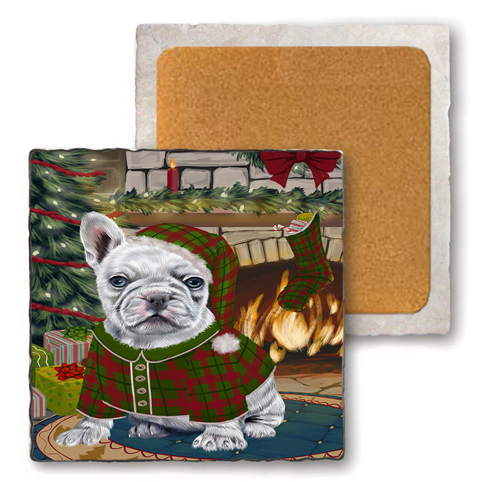The Stocking was Hung French Bulldog Set of 4 Natural Stone Marble Tile Coasters MCST50305
