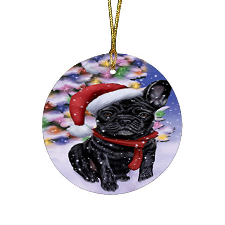 Winterland Wonderland French Bulldog In Christmas Holiday Scenic Background  Round Flat Christmas Ornament RFPOR53382