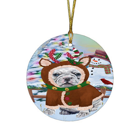 Christmas Gingerbread House Candyfest French Bulldog Round Flat Christmas Ornament RFPOR56687