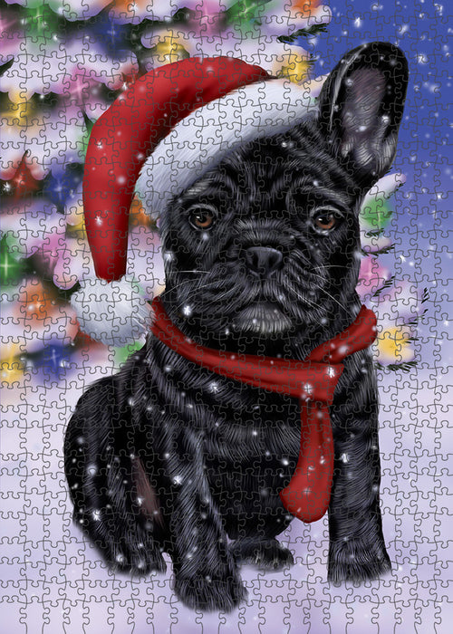Winterland Wonderland French Bulldog In Christmas Holiday Scenic Background Puzzle with Photo Tin PUZL80720