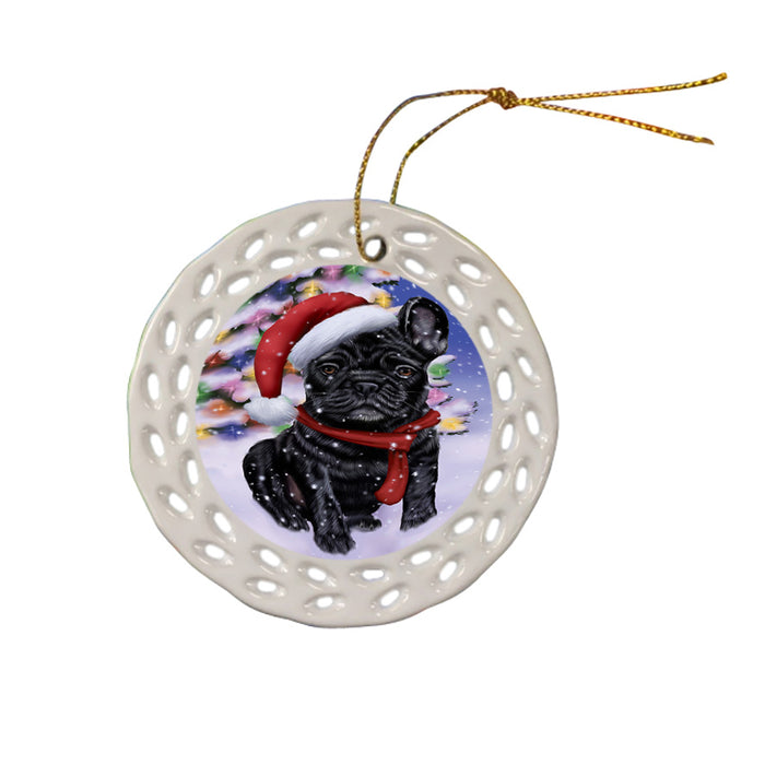 Winterland Wonderland French Bulldog In Christmas Holiday Scenic Background  Ceramic Doily Ornament DPOR53391