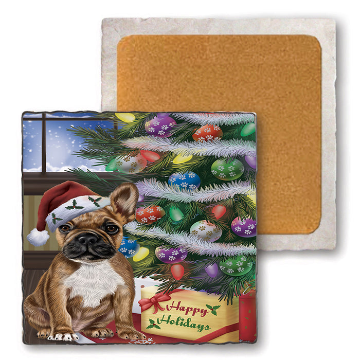 Christmas Happy Holidays French Bulldog with Tree and Presents Set of 4 Natural Stone Marble Tile Coasters MCST48829