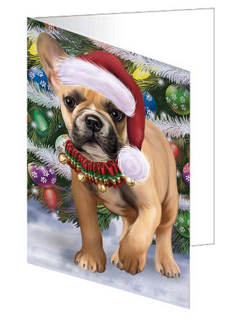 Trotting in the Snow French Bulldog Handmade Artwork Assorted Pets Greeting Cards and Note Cards with Envelopes for All Occasions and Holiday Seasons GCD70838