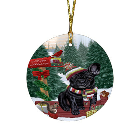 Merry Christmas Woodland Sled French Bulldog Round Flat Christmas Ornament RFPOR55284