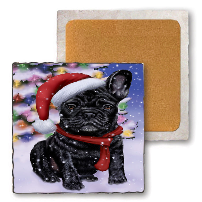 Winterland Wonderland French Bulldog In Christmas Holiday Scenic Background  Set of 4 Natural Stone Marble Tile Coasters MCST48391