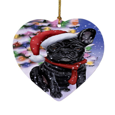 Winterland Wonderland French Bulldog In Christmas Holiday Scenic Background  Heart Christmas Ornament HPOR53391