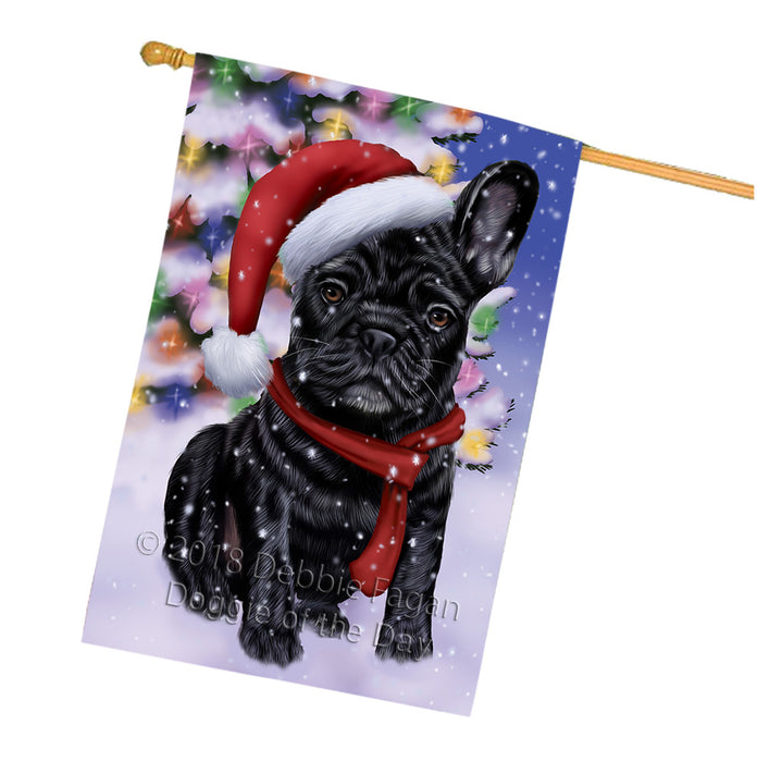 Winterland Wonderland French Bulldog In Christmas Holiday Scenic Background  House Flag FLG53589