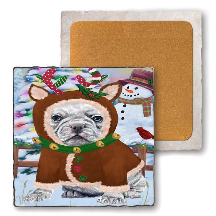 Christmas Gingerbread House Candyfest French Bulldog Set of 4 Natural Stone Marble Tile Coasters MCST51331