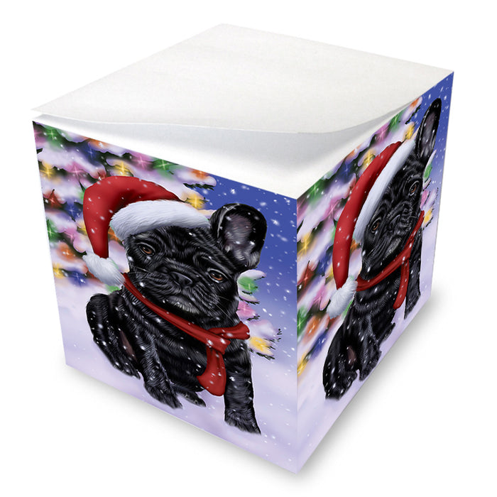 Winterland Wonderland French Bulldog In Christmas Holiday Scenic Background Note Cube NOC53391