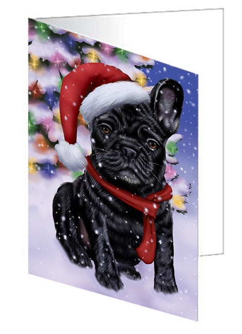 Winterland Wonderland French Bulldog In Christmas Holiday Scenic Background  Handmade Artwork Assorted Pets Greeting Cards and Note Cards with Envelopes for All Occasions and Holiday Seasons GCD64202