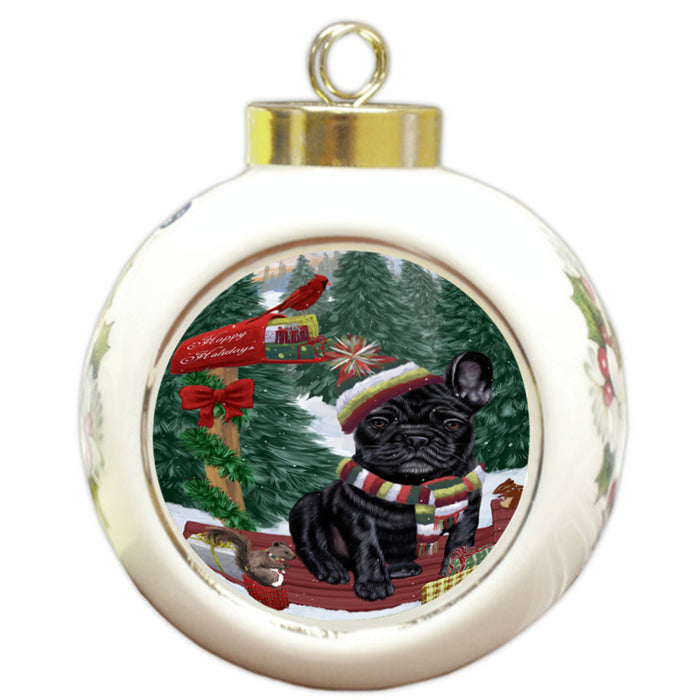 Merry Christmas Woodland Sled French Bulldog Round Ball Christmas Ornament RBPOR55284