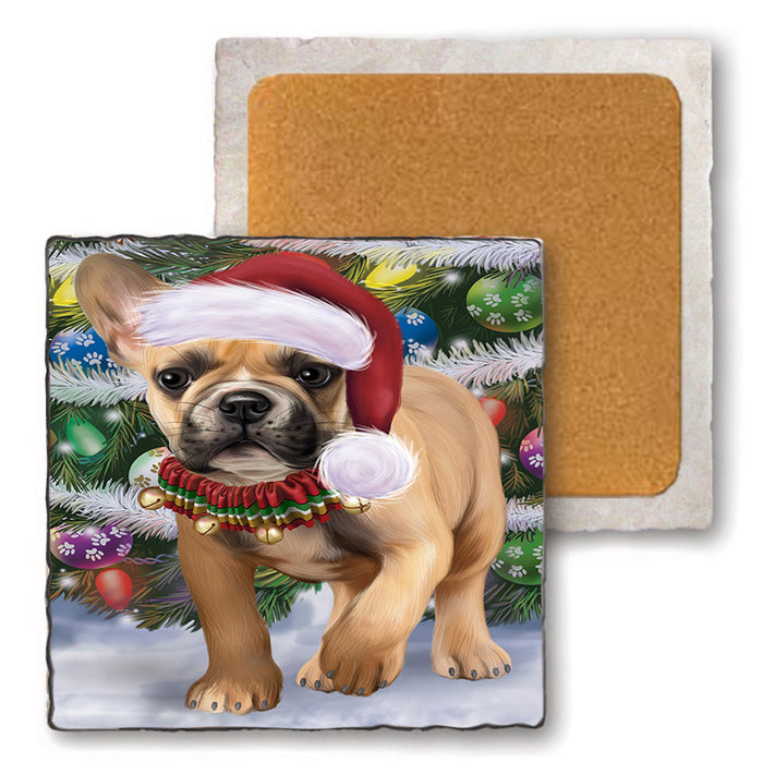 Trotting in the Snow French Bulldog Set of 4 Natural Stone Marble Tile Coasters MCST50441