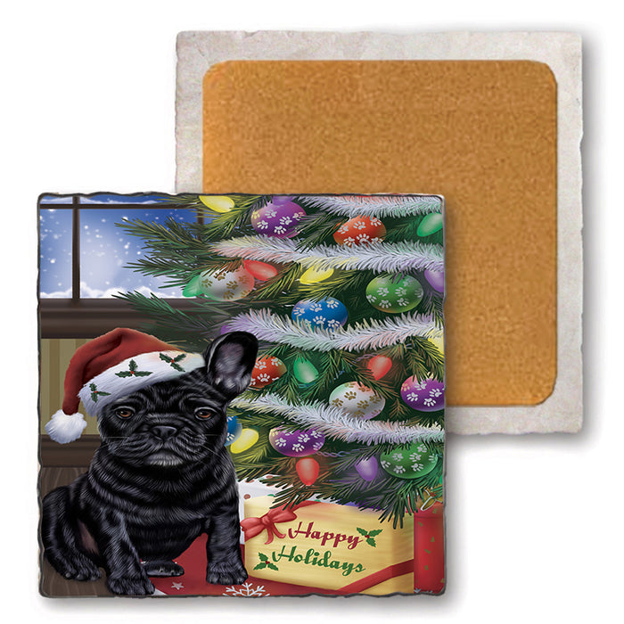 Christmas Happy Holidays French Bulldog with Tree and Presents Set of 4 Natural Stone Marble Tile Coasters MCST48830