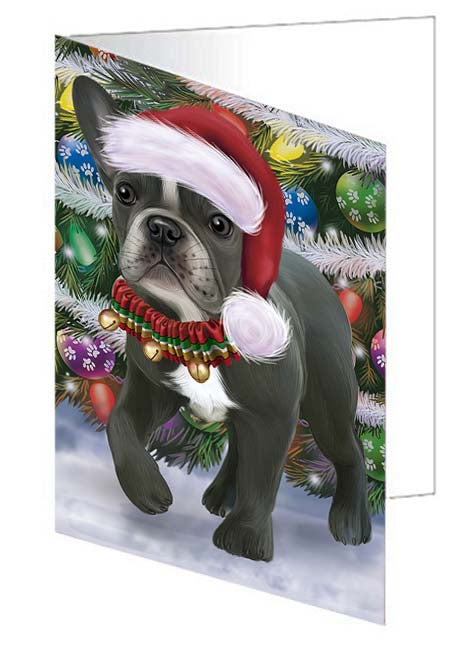 Trotting in the Snow French Bulldog Handmade Artwork Assorted Pets Greeting Cards and Note Cards with Envelopes for All Occasions and Holiday Seasons GCD70841