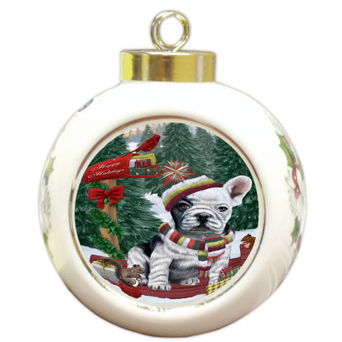 Merry Christmas Woodland Sled French Bulldog Round Ball Christmas Ornament RBPOR55285