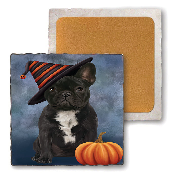 Happy Halloween French Bulldog Wearing Witch Hat with Pumpkin Set of 4 Natural Stone Marble Tile Coasters MCST49950