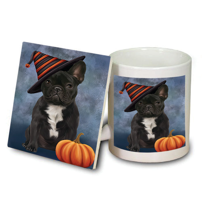 Happy Halloween French Bulldog Wearing Witch Hat with Pumpkin Mug and Coaster Set MUC54942