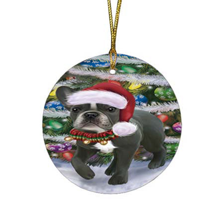 Trotting in the Snow French Bulldog Round Flat Christmas Ornament RFPOR55798