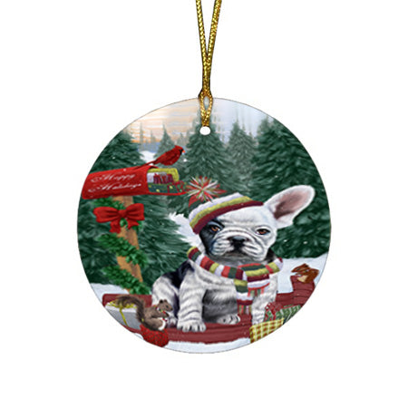 Merry Christmas Woodland Sled French Bulldog Round Flat Christmas Ornament RFPOR55285