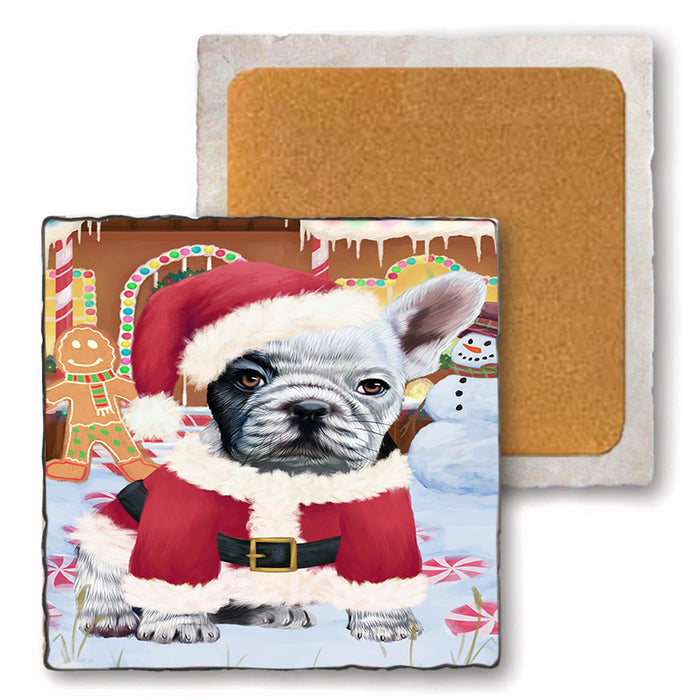 Christmas Gingerbread House Candyfest French Bulldog Set of 4 Natural Stone Marble Tile Coasters MCST51332