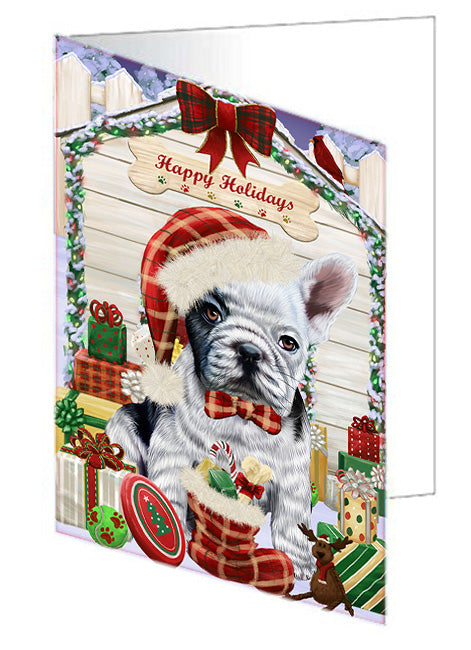 Happy Holidays Christmas French Bulldog House with Presents Handmade Artwork Assorted Pets Greeting Cards and Note Cards with Envelopes for All Occasions and Holiday Seasons GCD58271