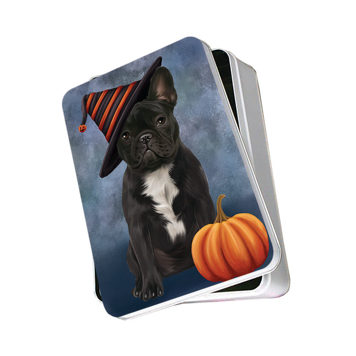 Happy Halloween French Bulldog Wearing Witch Hat with Pumpkin Photo Storage Tin PITN54893