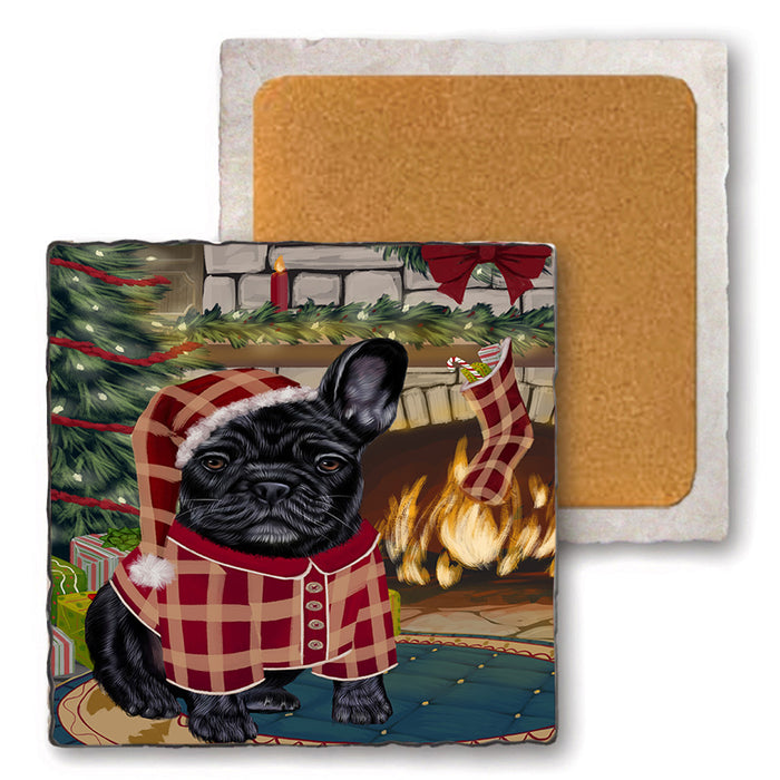 The Stocking was Hung French Bulldog Set of 4 Natural Stone Marble Tile Coasters MCST50306