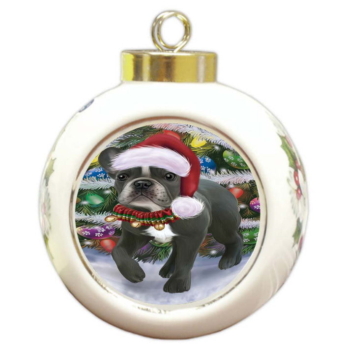 Trotting in the Snow French Bulldog Round Ball Christmas Ornament RBPOR55798