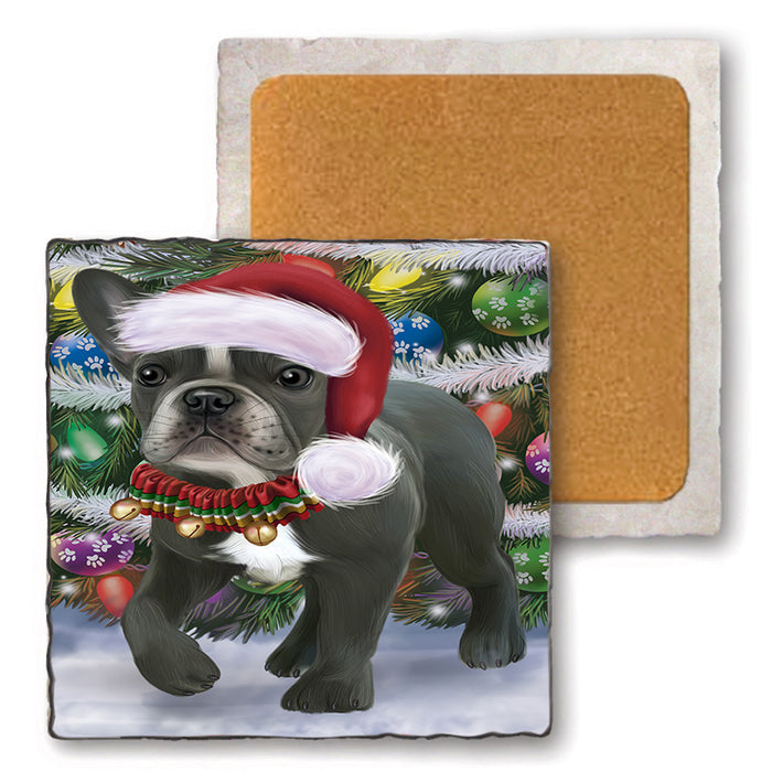 Trotting in the Snow French Bulldog Set of 4 Natural Stone Marble Tile Coasters MCST50442