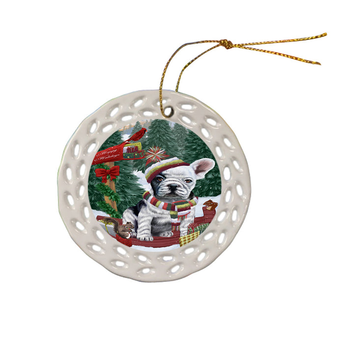 Merry Christmas Woodland Sled French Bulldog Ceramic Doily Ornament DPOR55285