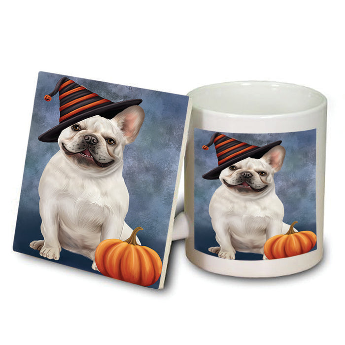 Happy Halloween French Bulldog Wearing Witch Hat with Pumpkin Mug and Coaster Set MUC54943