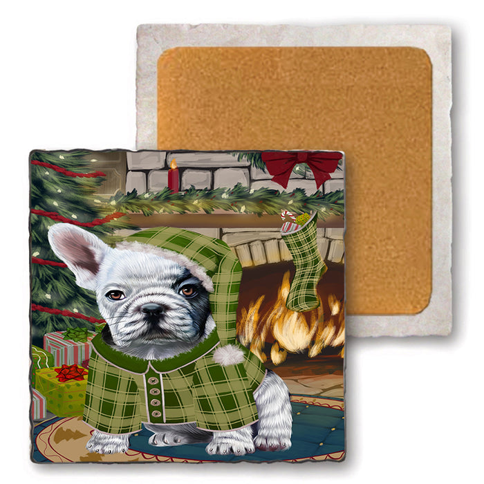 The Stocking was Hung French Bulldog Set of 4 Natural Stone Marble Tile Coasters MCST50307